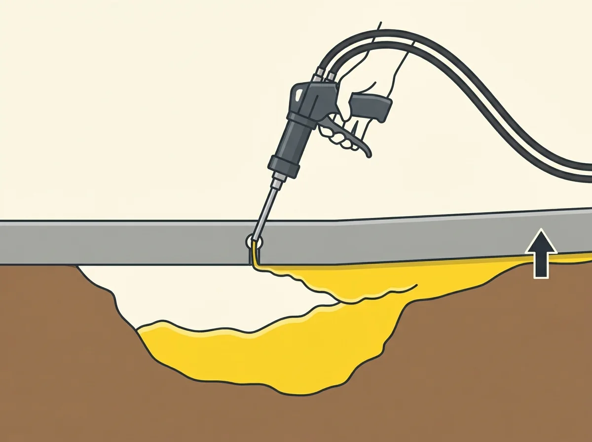 Diagram of polyurethane concrete lifting: sunken driveway slab over a void, foam injected through a small hole, slab back to level