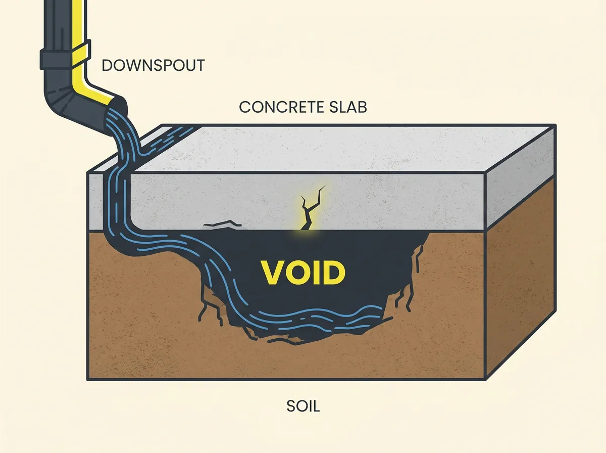 Diagram of a void forming under a concrete slab as downspout water washes out the soil