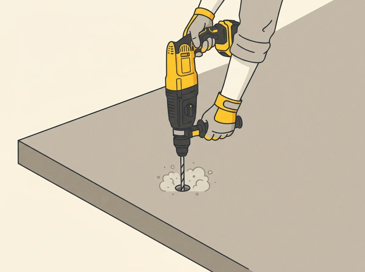 Drilling a penny sized hole in a concrete driveway slab for foam injection