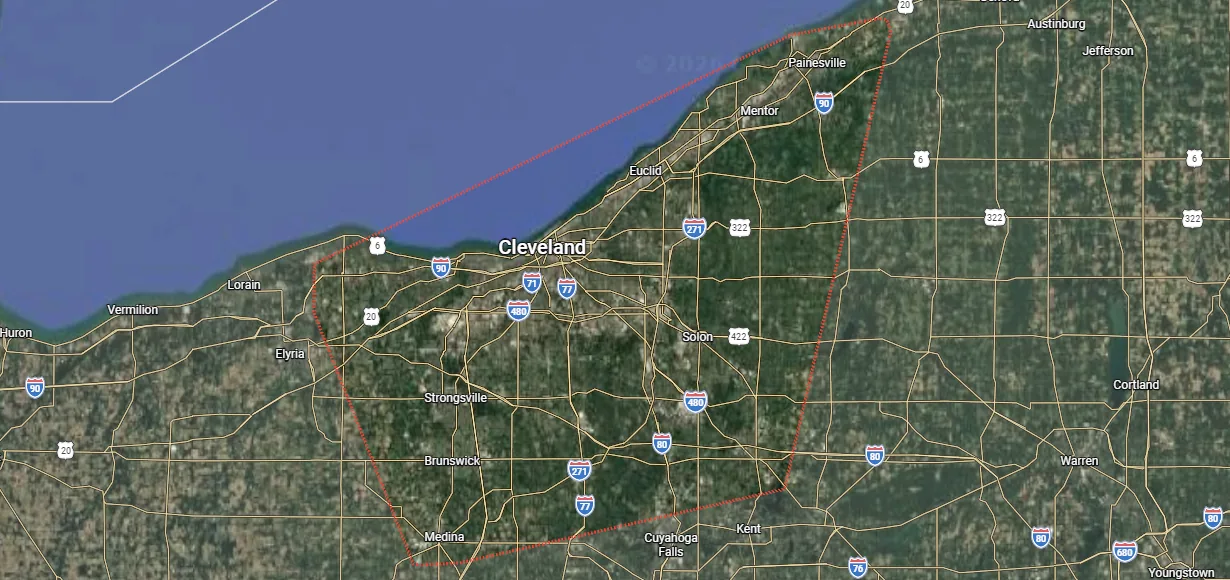Just Lift Concrete service area map, Greater Cleveland from Painesville to Medina to Avon, Ohio
